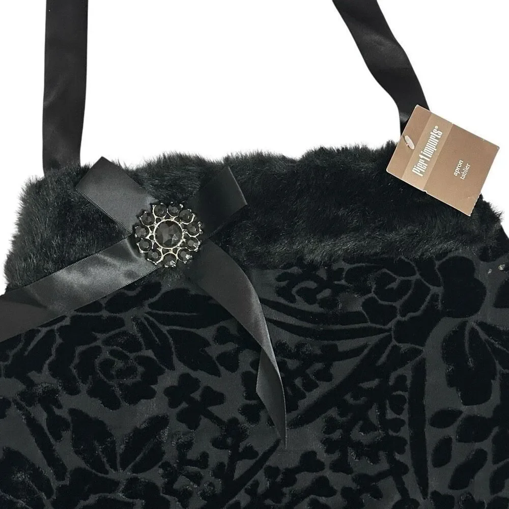 Pier 1 Imports Black Burnout Velvet Faux Fur Hostess Apron Holidays Goth NWT